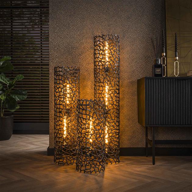 Vloerlamp Weaver XL 3L – Zwart nikkel designlamp van zand gegoten aluminium met open structuur Ø25 cm