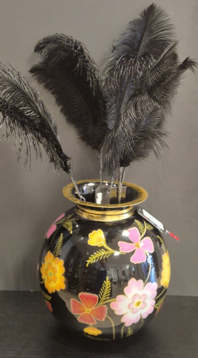 Vaas handgeschilderd zwart bloemen 24x24x26 cm - Afbeelding 3