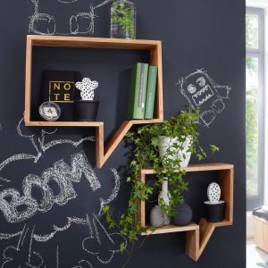 Wandplank set van 2 schappen textballon | Acacia hout | 50x49x13cm